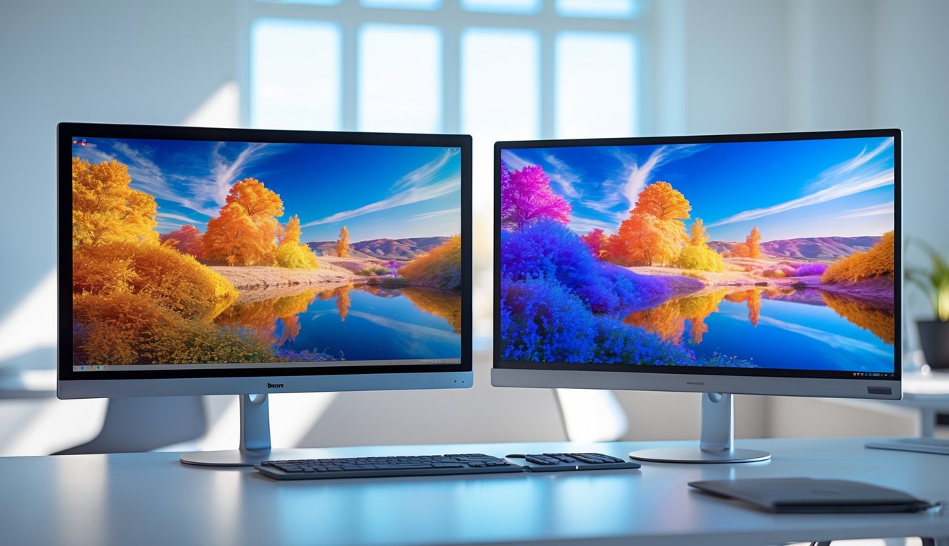 Two computer monitors side by side on a desk showing the same colorful landscape image with different color and contrast qualities.