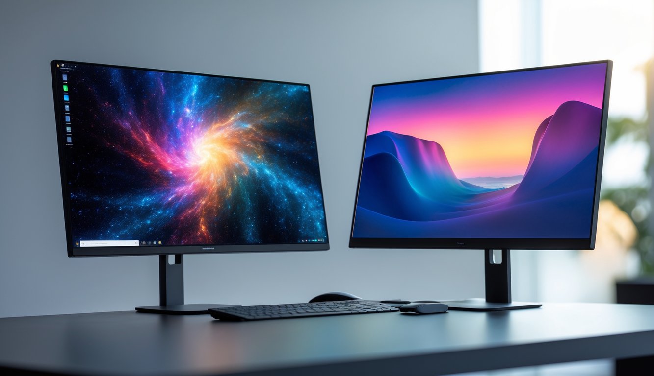 Two computer monitors side by side on a desk showing different screen display qualities.