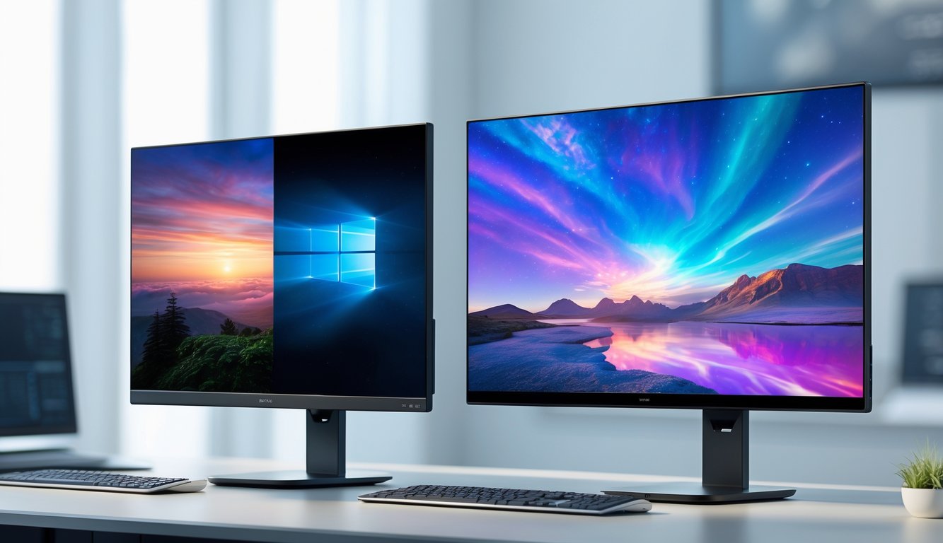 Two modern flat screen displays side by side on a clean desk, one representing OLED and the other IPS, with subtle symbols suggesting durability and longevity.