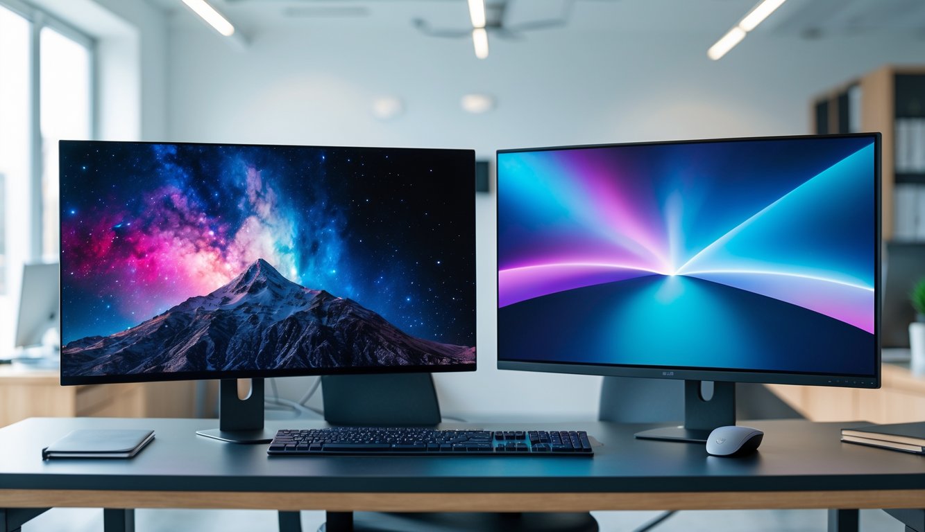 A modern office desk with two computer monitors side by side, one showing deep vibrant colors and the other bright sharp visuals, surrounded by a keyboard, mouse, and notebook.