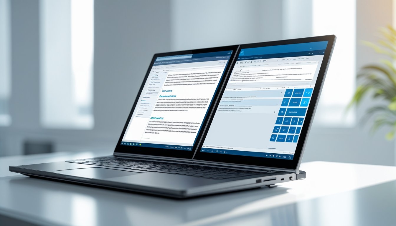 A modern laptop on a desk with its screen split into two sections displaying different applications side by side.