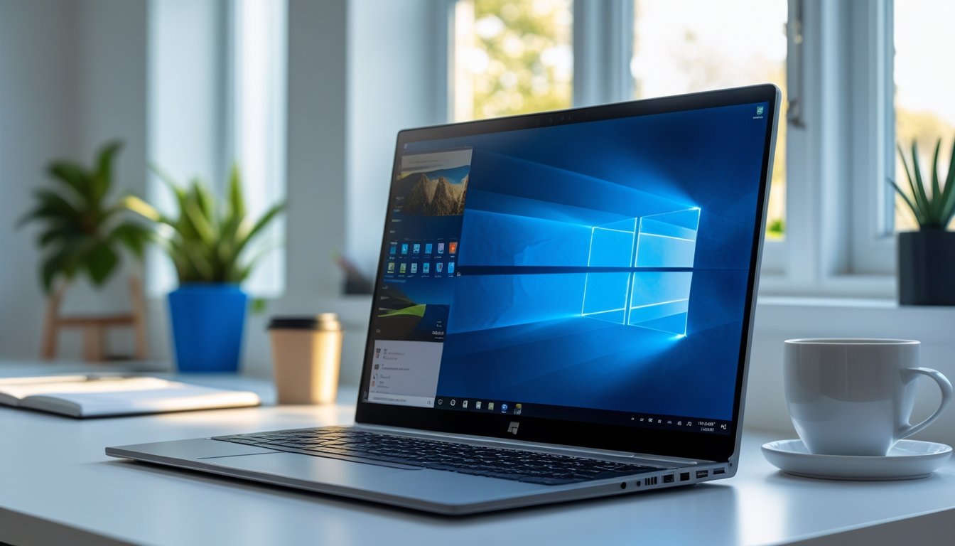 A Windows 11 laptop on a desk displaying two application windows side by side, set in a bright home office.