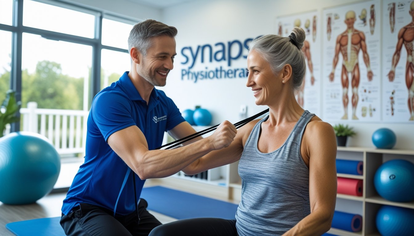 A physiotherapist helping a patient with shoulder exercises using resistance bands in a bright, well-equipped clinic.