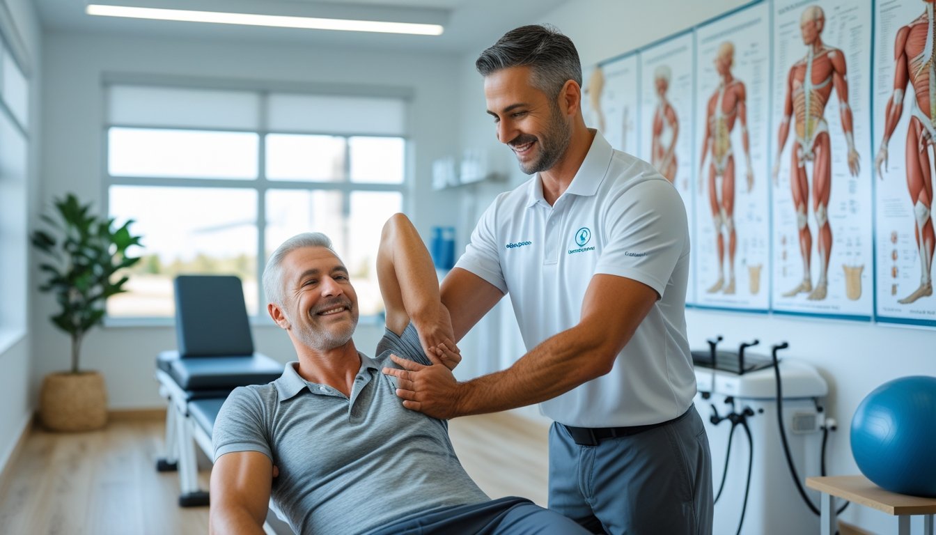 A physiotherapist assisting a middle-aged patient with stretching exercises in a bright, modern clinic.