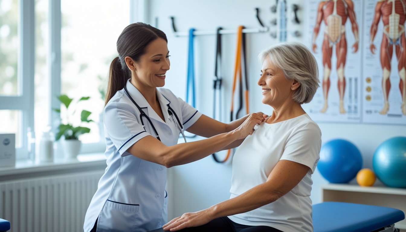 A physiotherapist assisting a patient with a shoulder exercise in a bright treatment room.