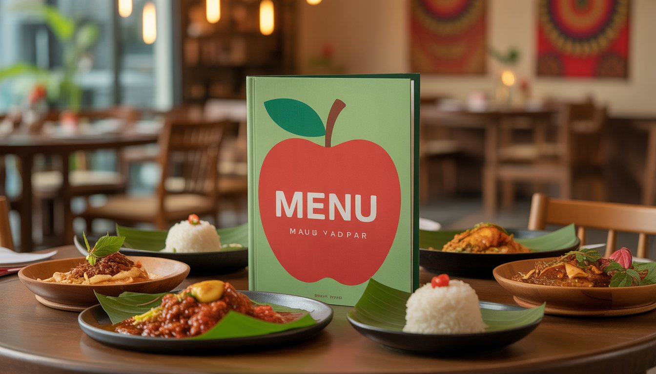 A Malaysian restaurant table with a large apple-themed menu and various traditional Malaysian dishes arranged around it.