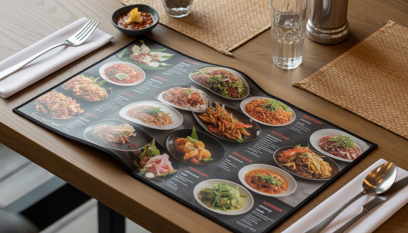 A restaurant menu featuring various dishes on a wooden table with Malaysian cultural elements and a modern table setting.