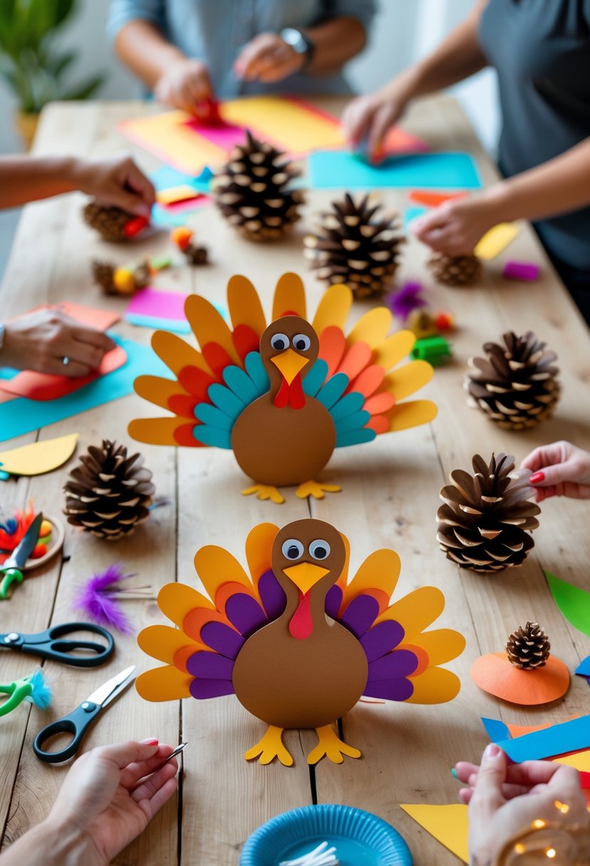 A table with various colorful turkey crafts and crafting supplies, with adults working on making turkey decorations.
