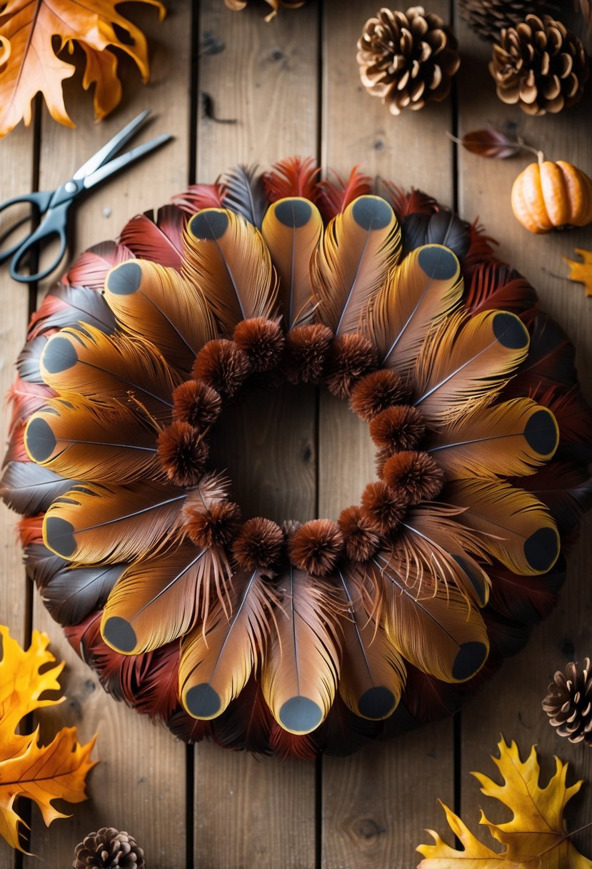 A turkey feather wreath made from real feathers displayed on a wooden surface with crafting materials nearby.