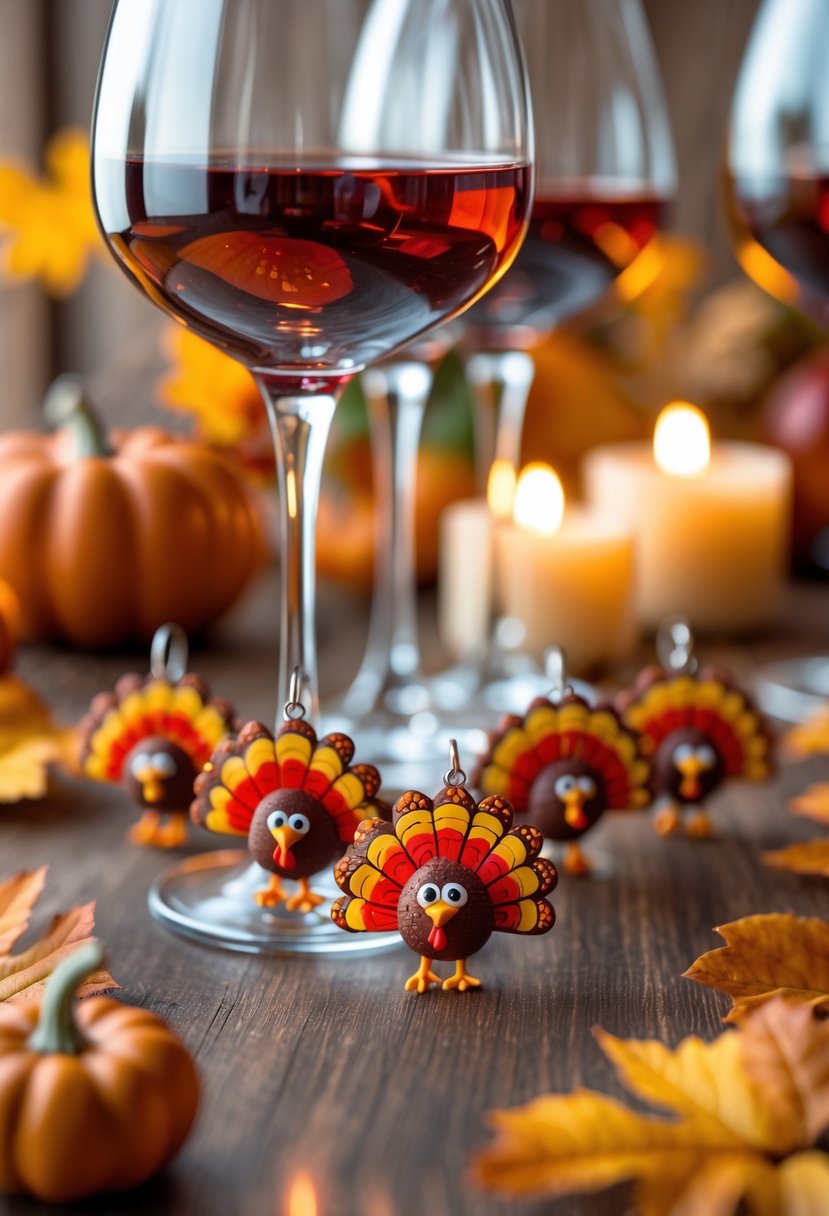 Wine glasses with colorful turkey-shaped charms on their stems placed on a wooden table with autumn decorations around.
