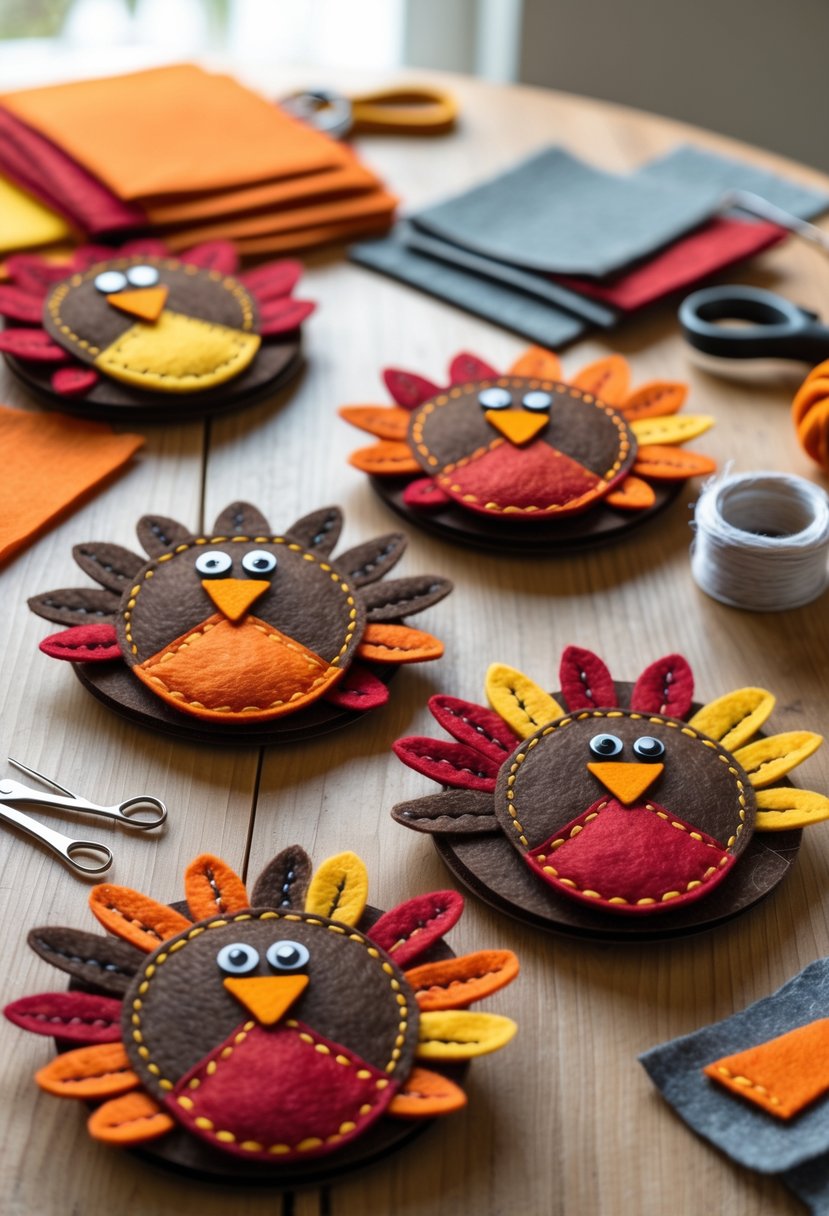 A wooden table with colorful felt turkey coasters and crafting supplies arranged for a DIY project.