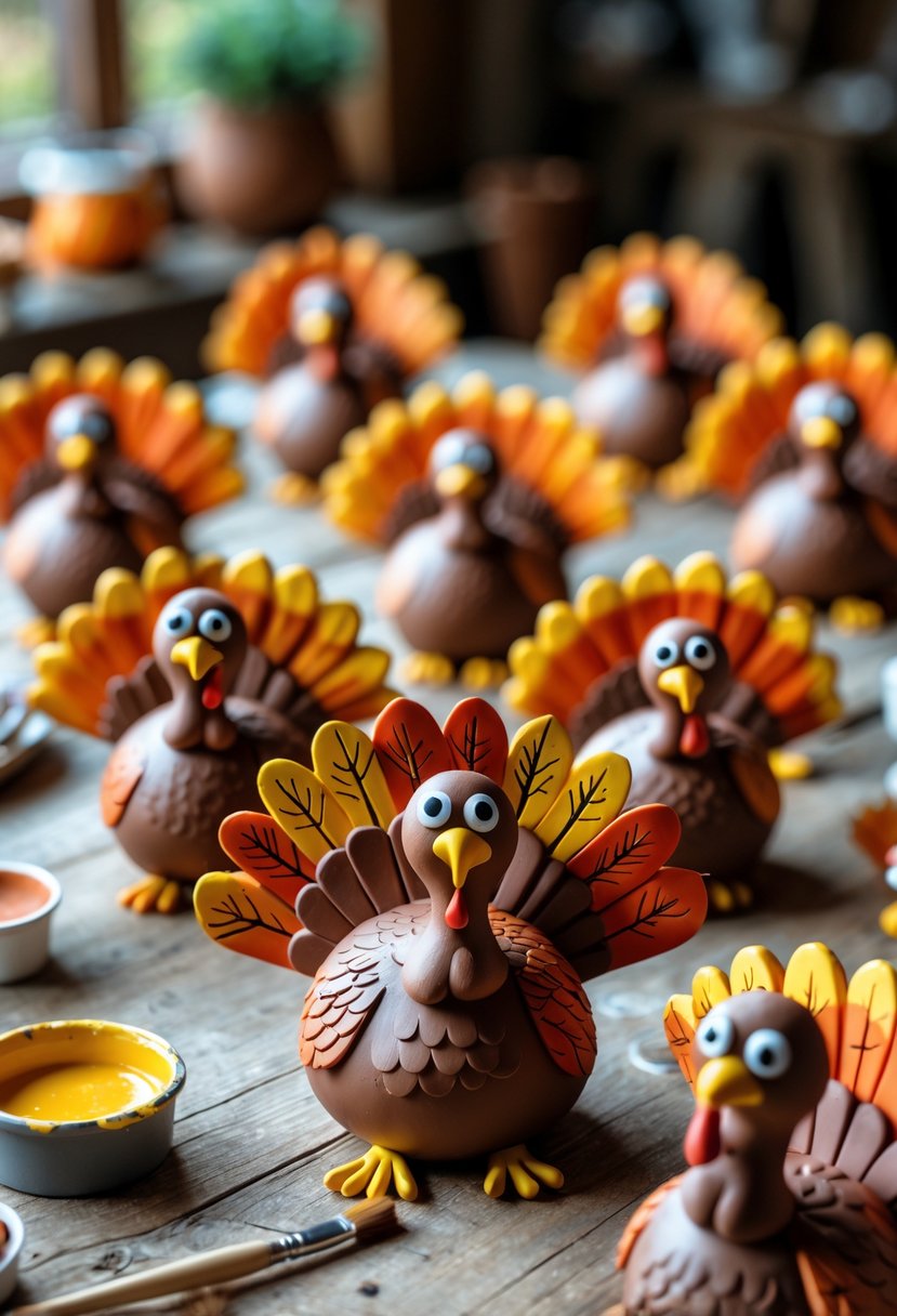 A collection of colorful clay turkey figurines arranged on a wooden table with crafting tools nearby.