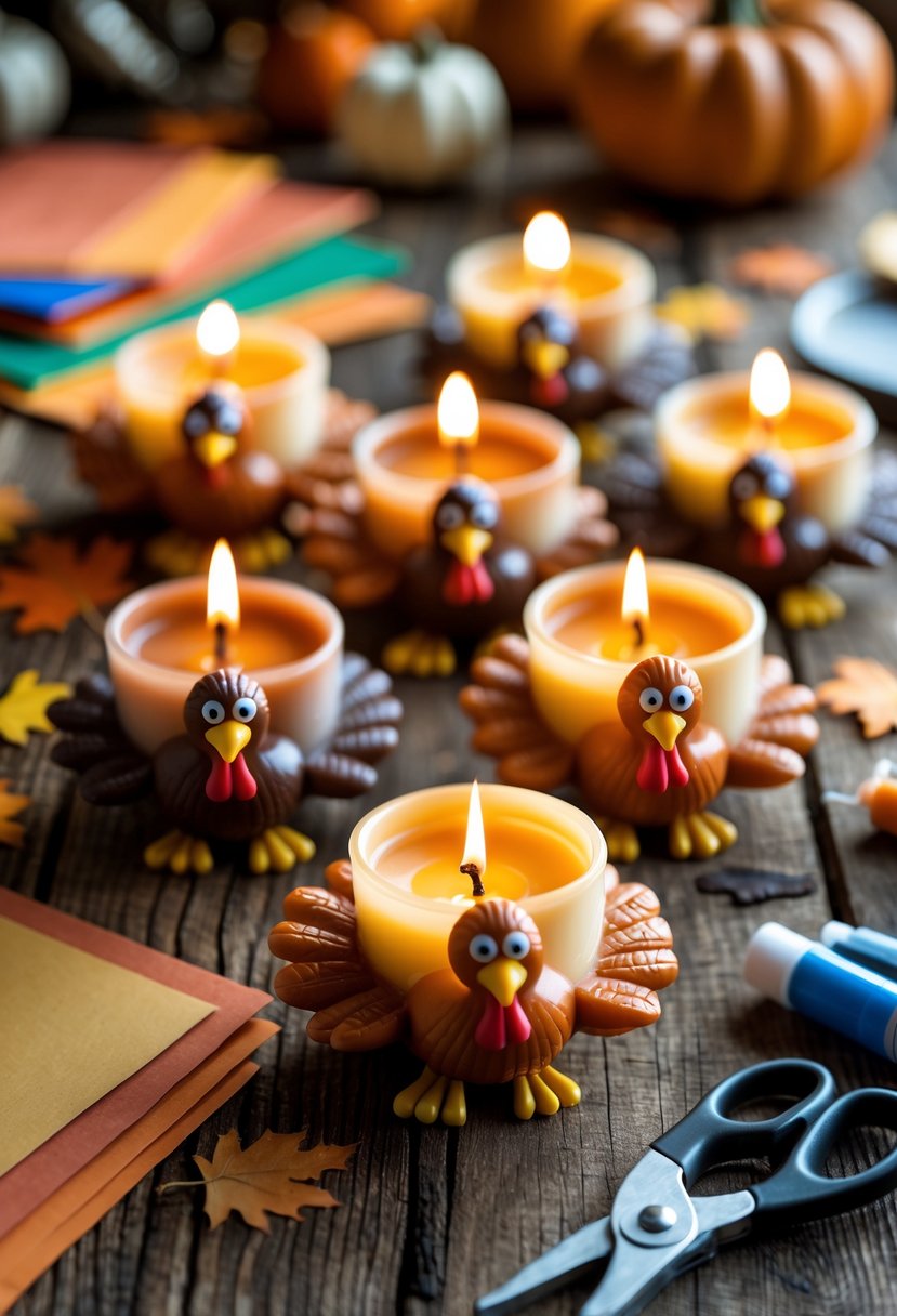 A table with turkey-shaped scented candles and craft supplies arranged for autumn-themed activities.