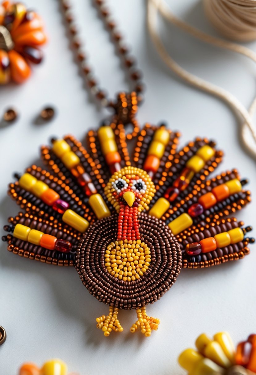 A colorful beaded turkey necklace displayed on a neutral background with crafting materials nearby.