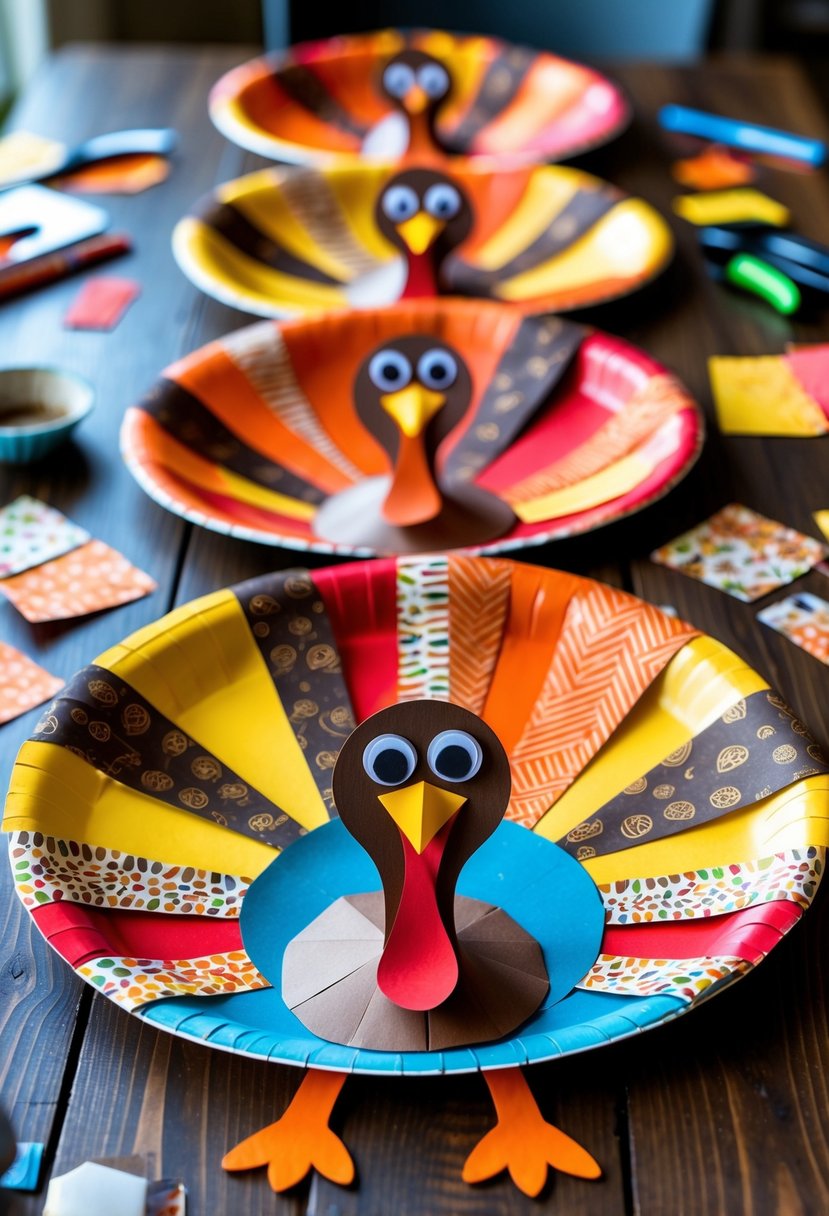 A table with several colorful paper plate turkeys featuring detailed feather designs surrounded by crafting materials.