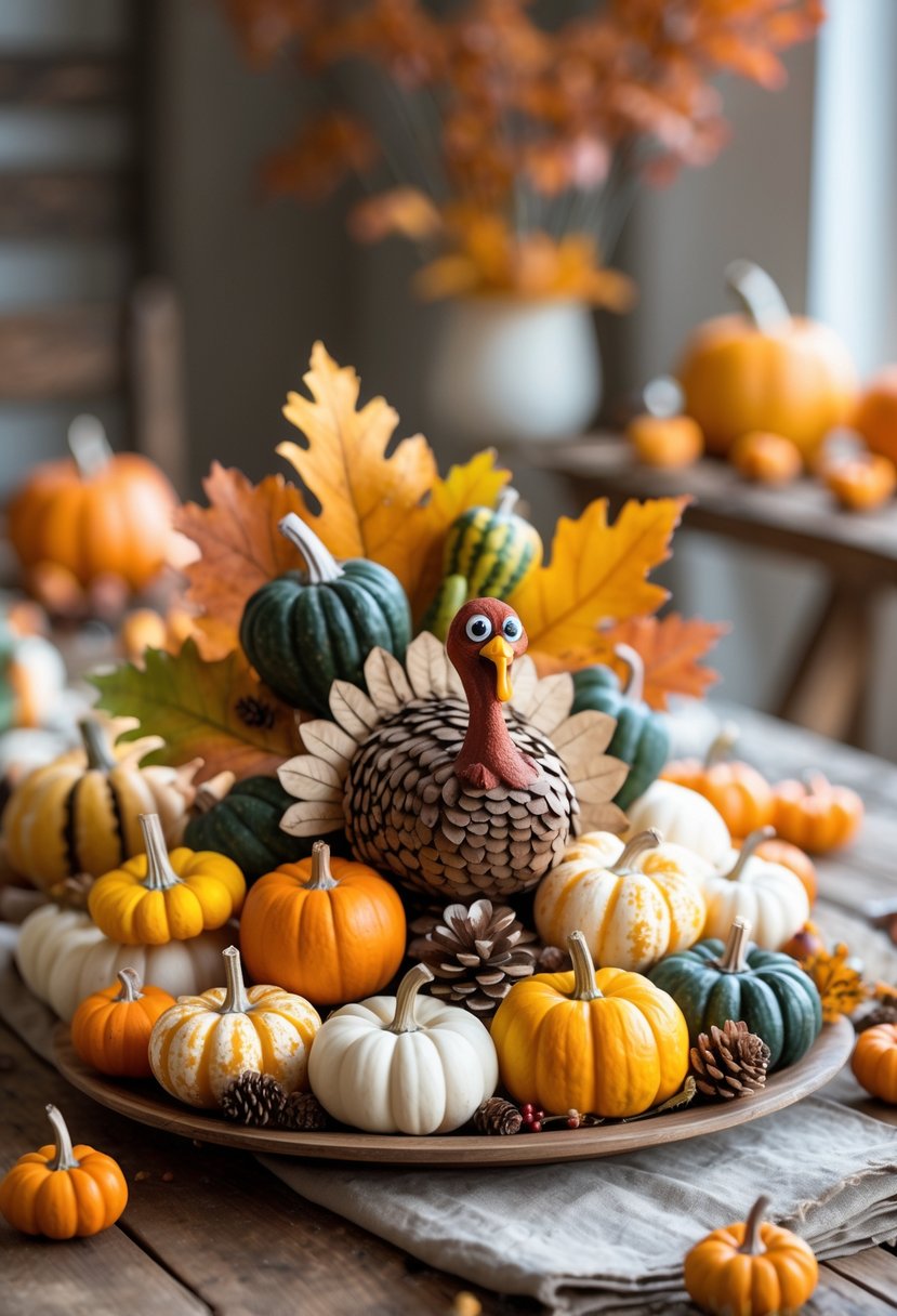 A turkey centerpiece surrounded by mini pumpkins and gourds on a wooden table.