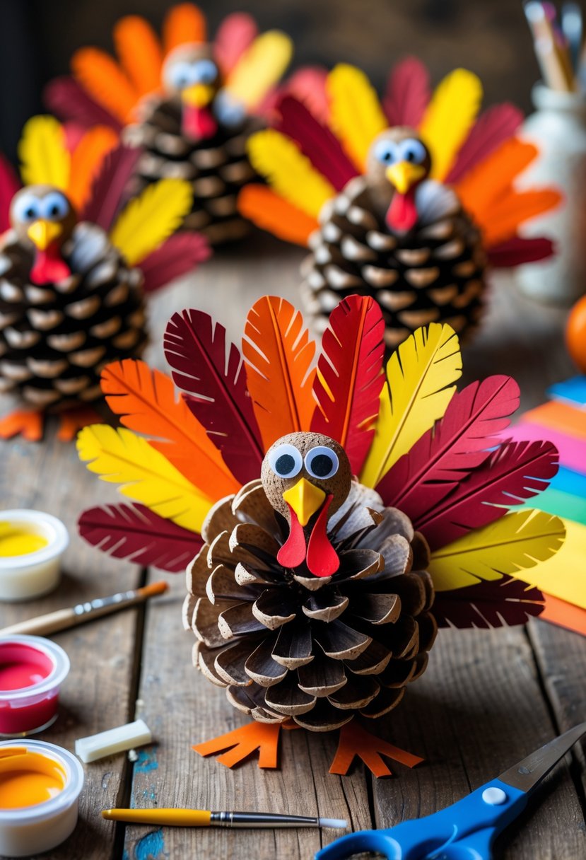 Colorful pinecone turkeys arranged on a wooden table with crafting supplies around them.