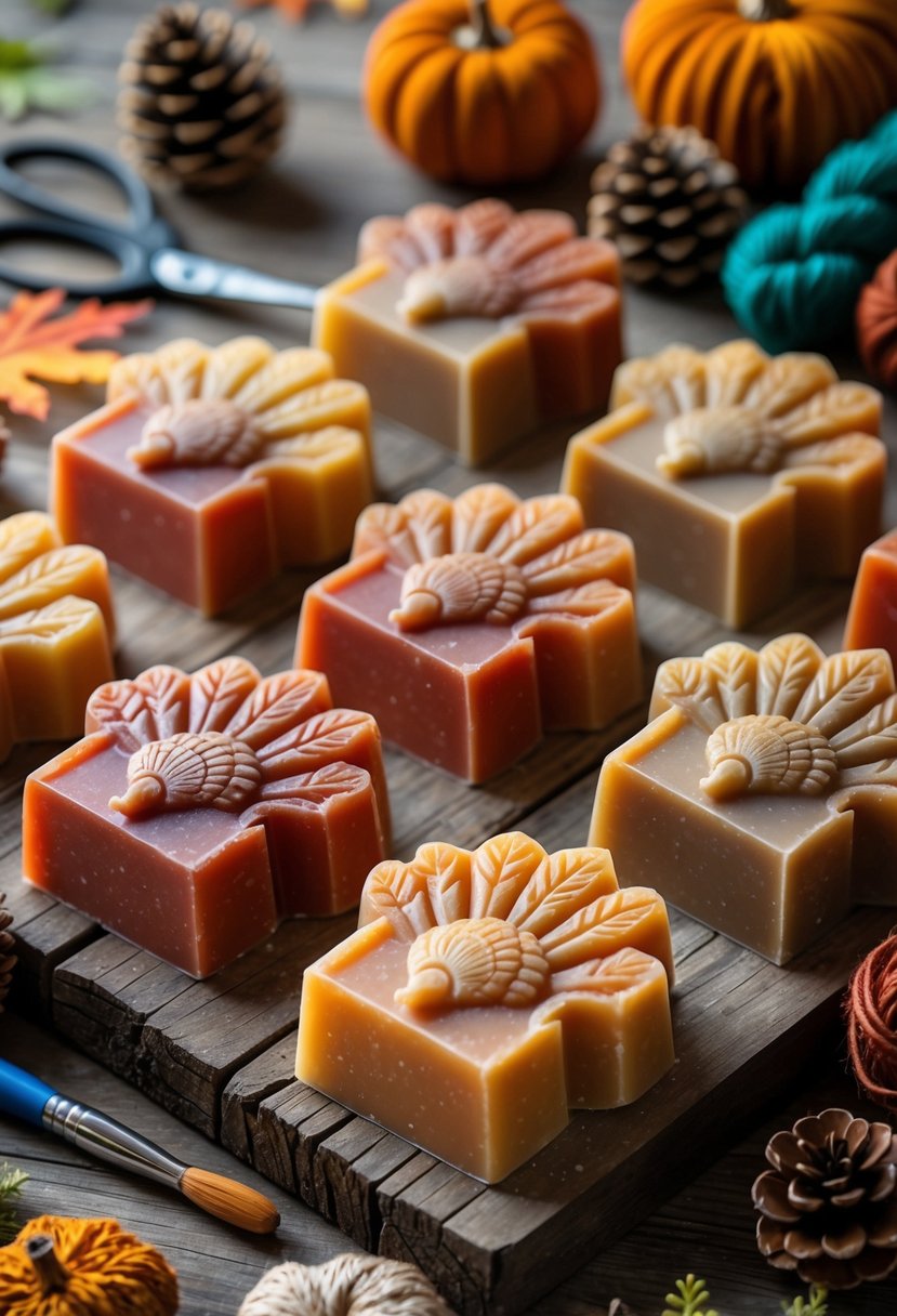 Turkey-shaped soap bars arranged with crafting supplies like yarn, paintbrushes, and dried leaves on a wooden surface.