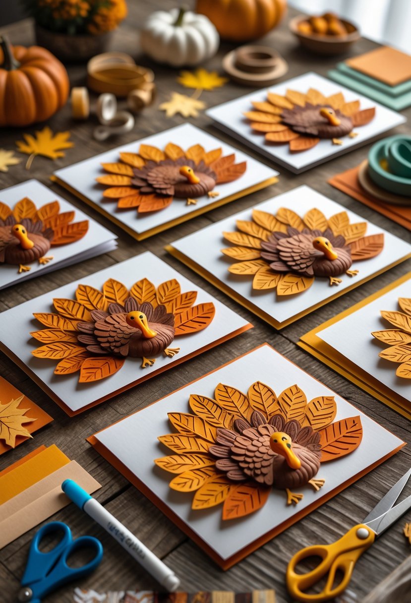 A collection of embossed turkey greeting cards displayed on a wooden table with crafting supplies around them.