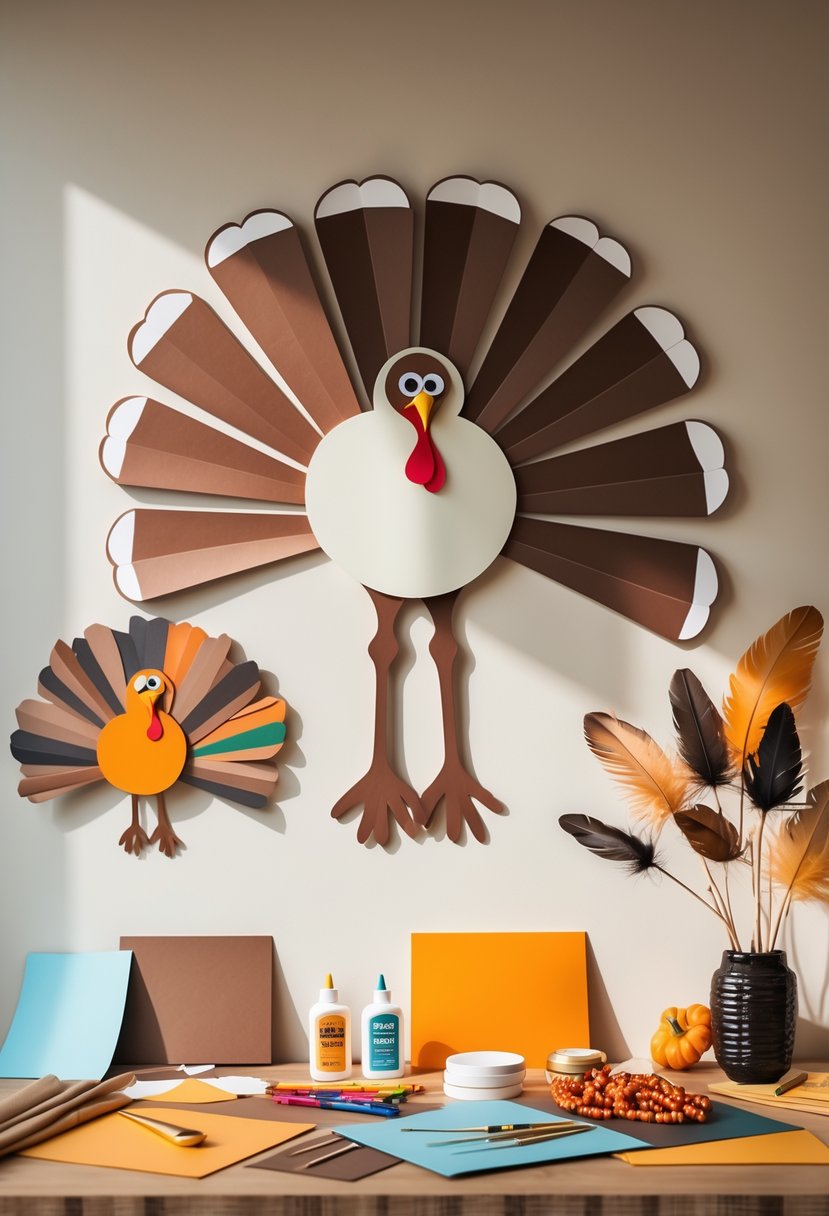 A workspace with a turkey silhouette wall art and various craft supplies arranged on a table.