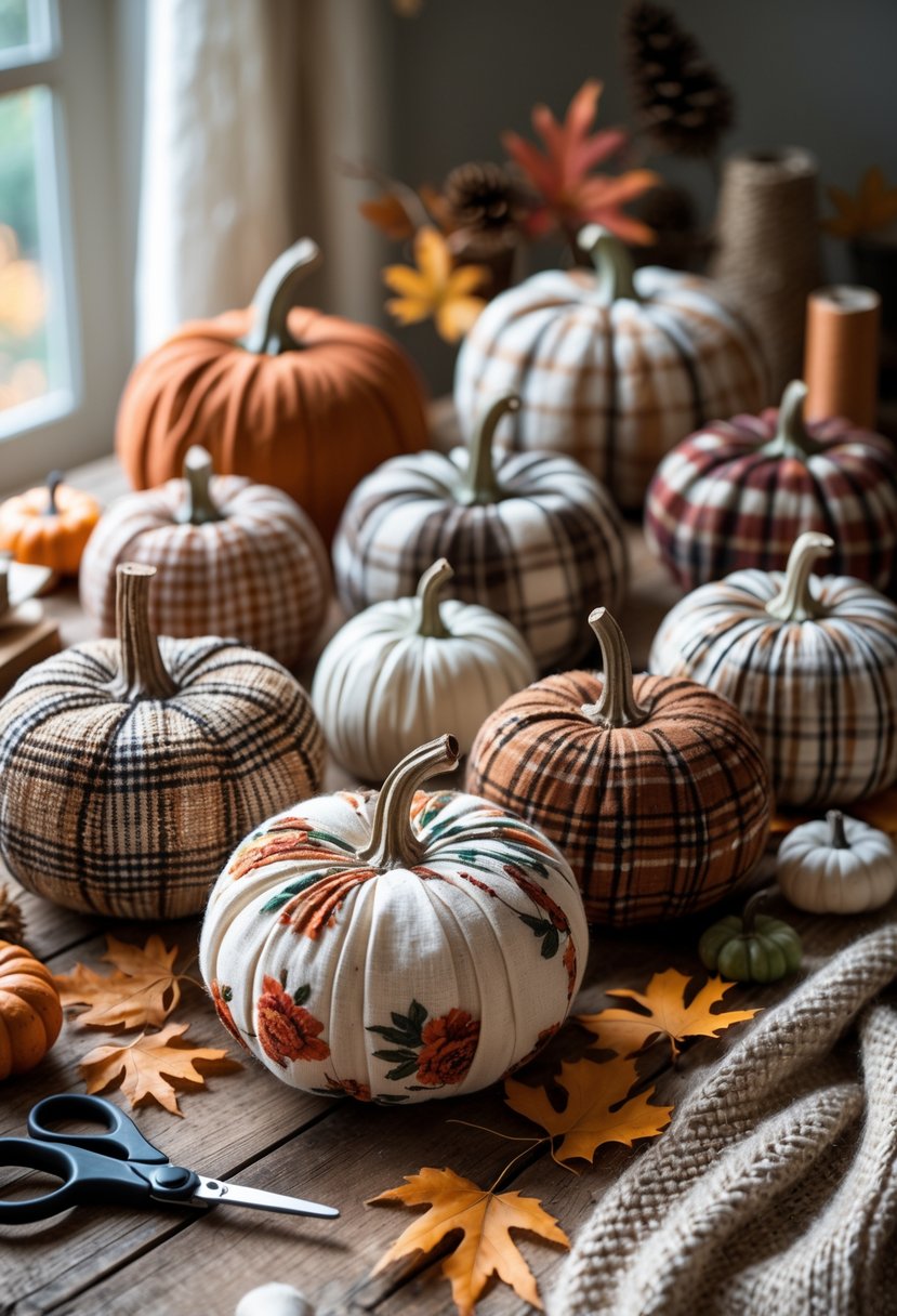 A table with various fabric-covered pumpkins, crafting supplies, and autumn leaves arranged for a fall craft project.