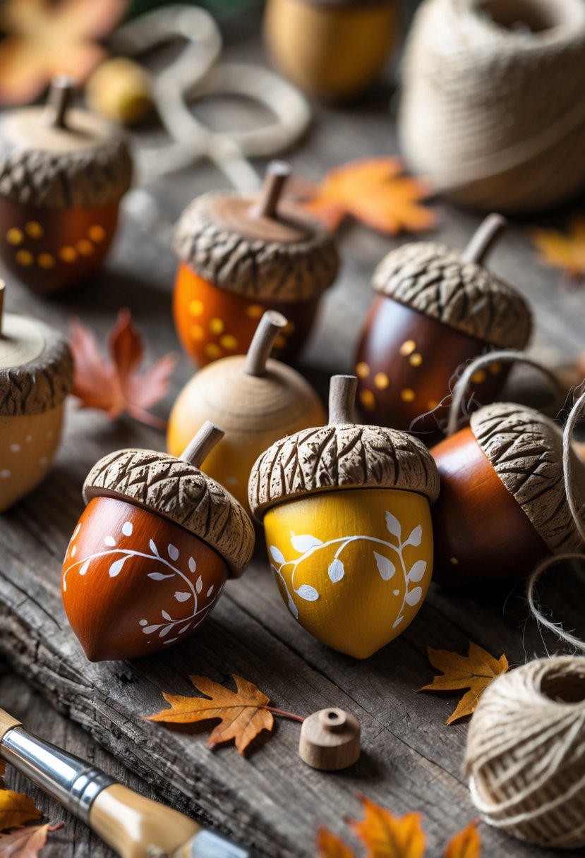 Painted wooden acorn ornaments in autumn colors arranged on a wooden surface with craft supplies and dried leaves.