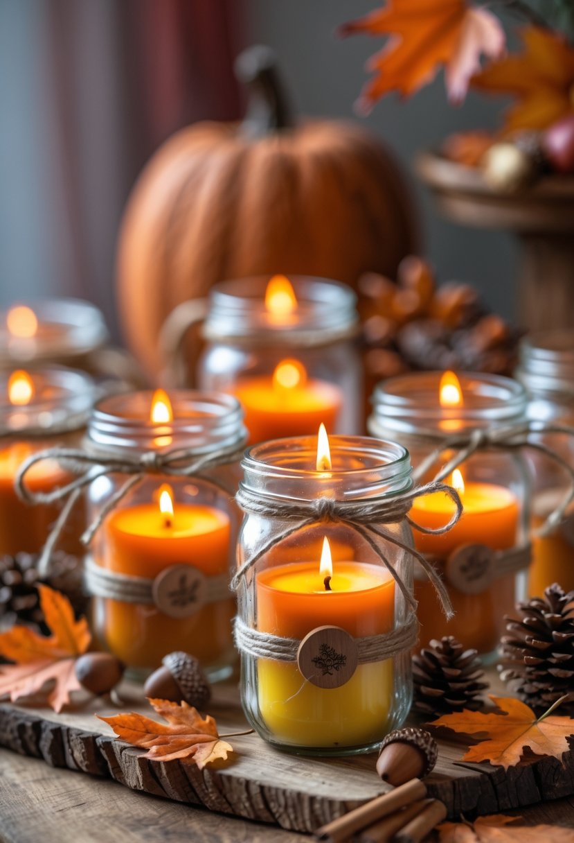 Several mason jars decorated with autumn leaves and candles on a wooden table surrounded by fall decorations.