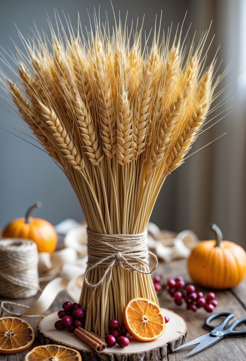 A wheat centerpiece with autumn decorations on a wooden table surrounded by craft supplies.