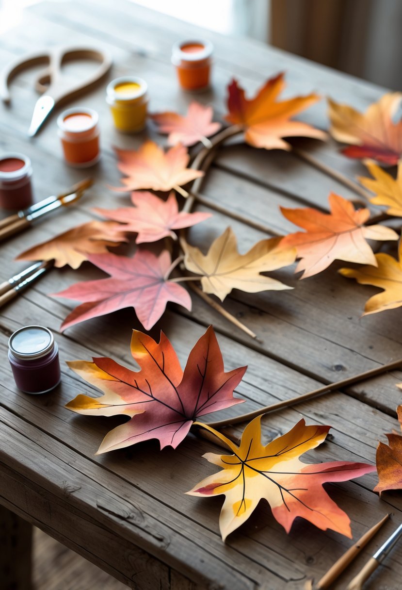 A hand-painted autumn leaf garland laid out on a wooden table surrounded by paintbrushes, paint pots, and scissors.