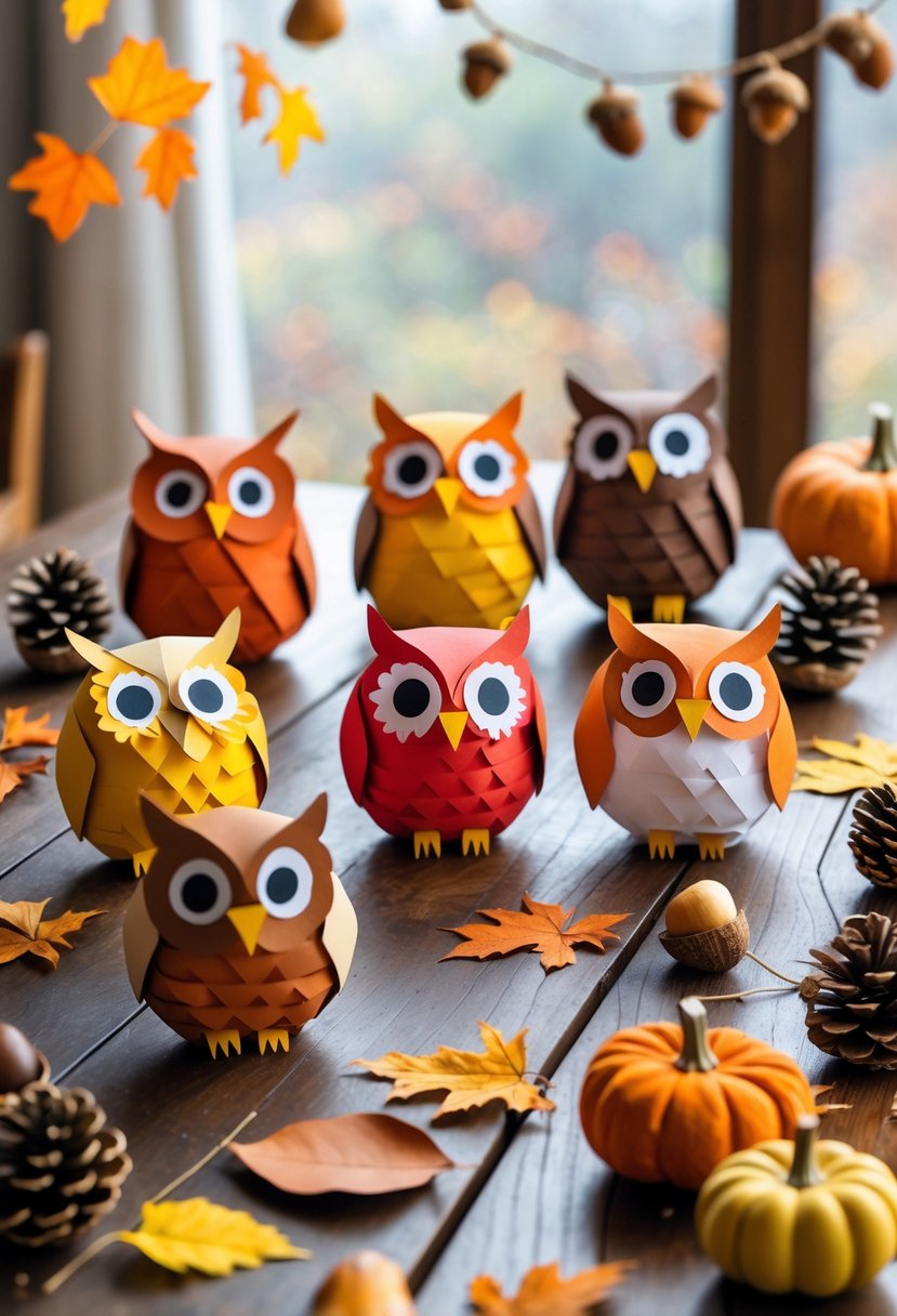 A table displaying 13 autumn-themed owl paper crafts surrounded by fall leaves, acorns, pinecones, and small pumpkins.