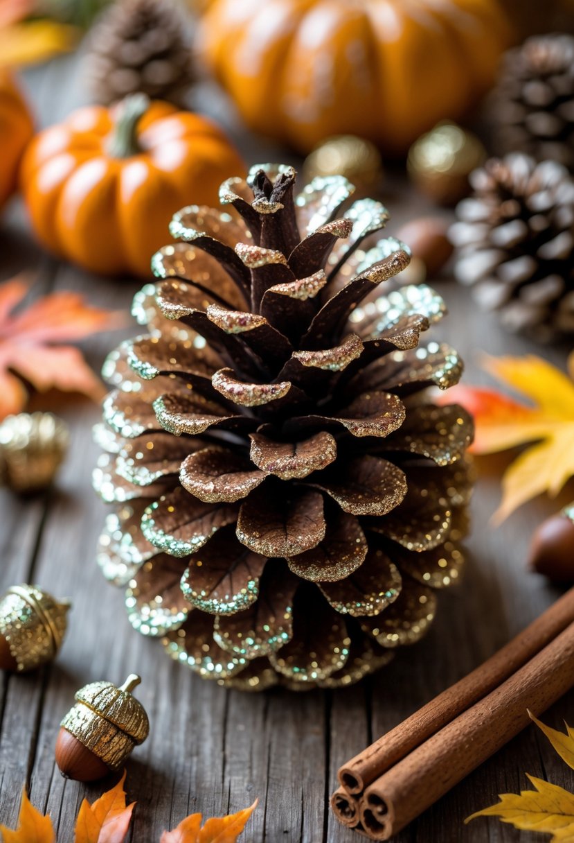A glittered pinecone on a wooden table surrounded by autumn leaves, small pumpkins, acorns, and cinnamon sticks.