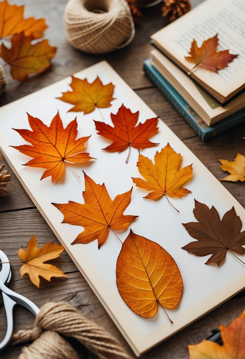 Pressed leaf bookmarks in autumn colors arranged on a wooden table with craft supplies and books nearby.