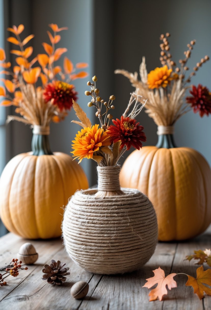Three pumpkins wrapped with twine used as vases holding autumn leaves and flowers on a wooden table.