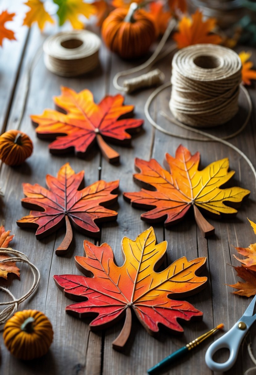 A set of handmade autumn leaf coasters on a wooden table surrounded by craft supplies.