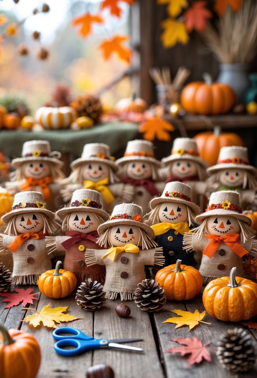 A collection of 13 handmade mini scarecrow decorations on a wooden table surrounded by autumn craft supplies like leaves, pumpkins, and pinecones.