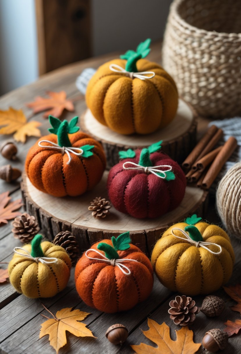A collection of handmade felt pumpkin sachets in autumn colors arranged on a wooden table with dried leaves and pine cones.
