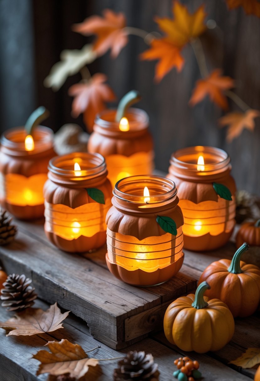 Several mason jars decorated as pumpkins with candles inside, placed on a wooden table surrounded by fall leaves and small gourds.