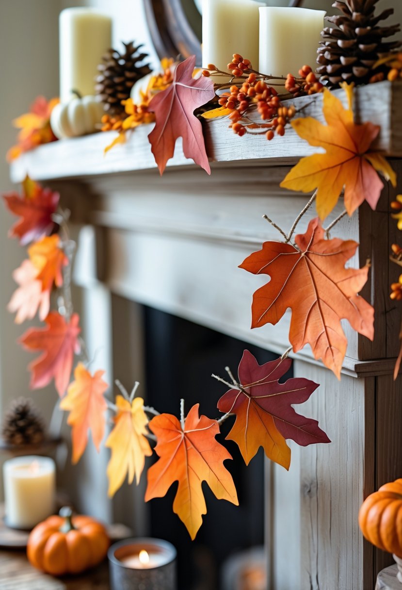 A colorful fall leaf garland draped over a wooden mantel with pumpkins and candles nearby.