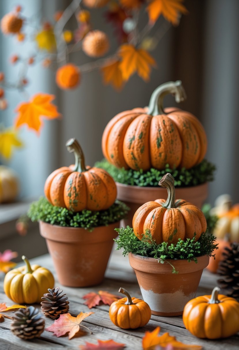 Three mini pumpkin topiaries in pots arranged on a wooden table with fall leaves and pinecones.