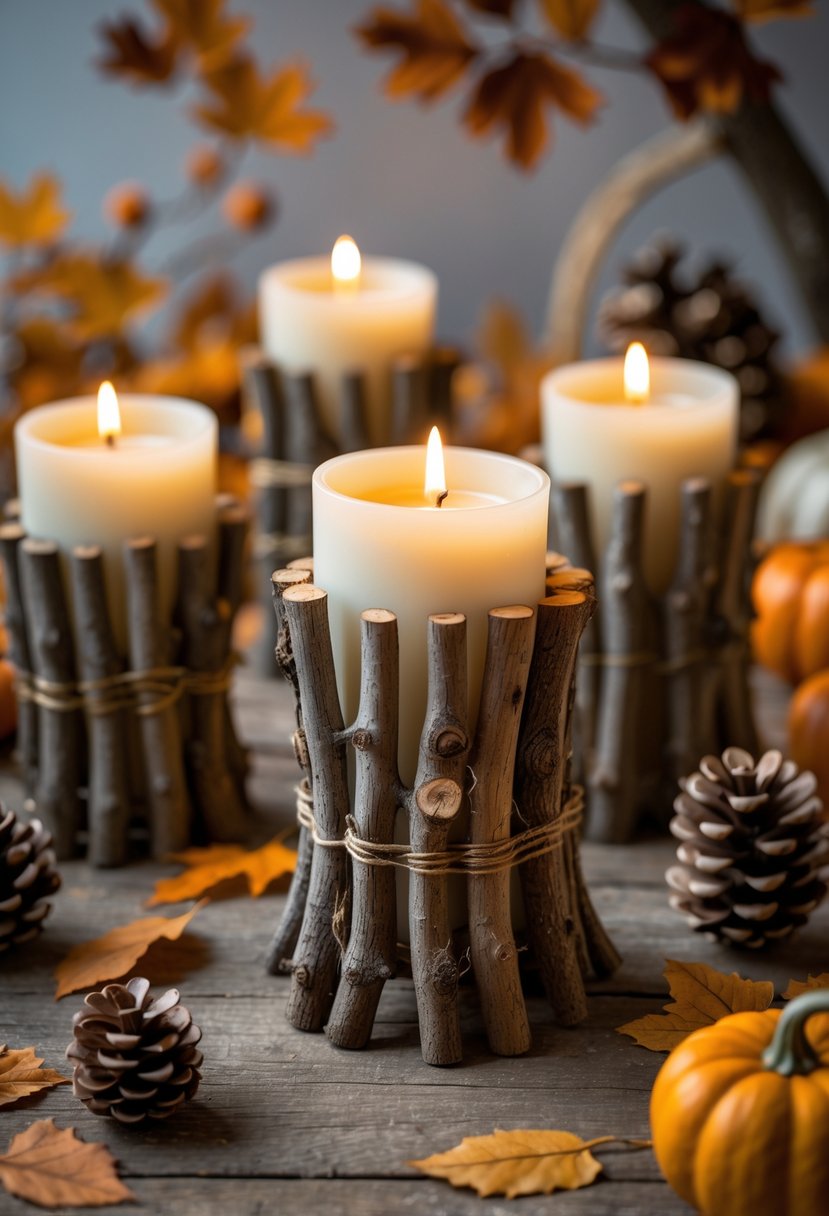A set of rustic twig candle holders with lit candles surrounded by autumn leaves and small pumpkins on a wooden surface.