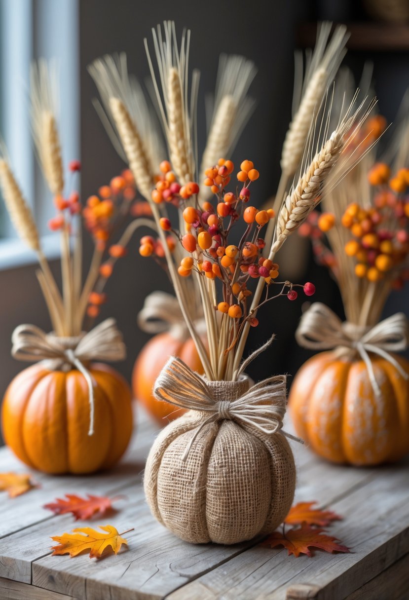Several small pumpkin-shaped vases wrapped in burlap with autumn flowers and leaves arranged on a wooden surface.