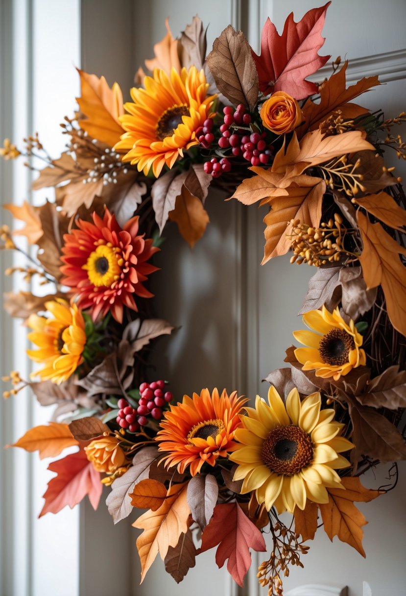 An autumn wreath made of colorful fall flowers and leaves displayed on a neutral background.