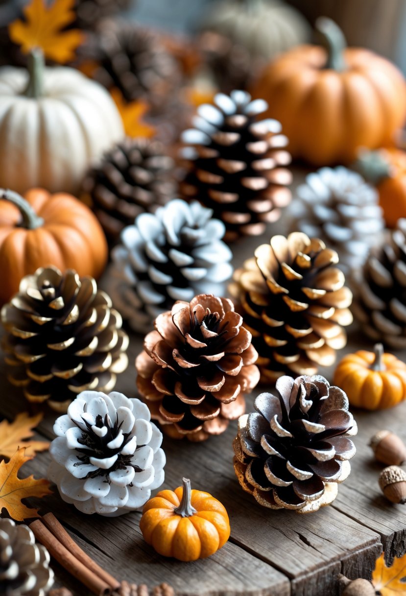 Close-up of painted pinecones arranged with pumpkins, dried leaves, and cinnamon sticks on a wooden surface as fall decorations.