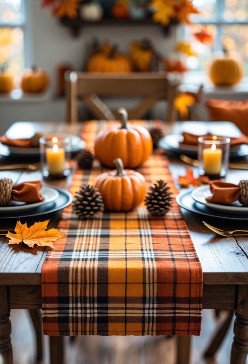 A wooden dining table decorated with a plaid table runner, small pumpkins, pinecones, autumn leaves, and candles.