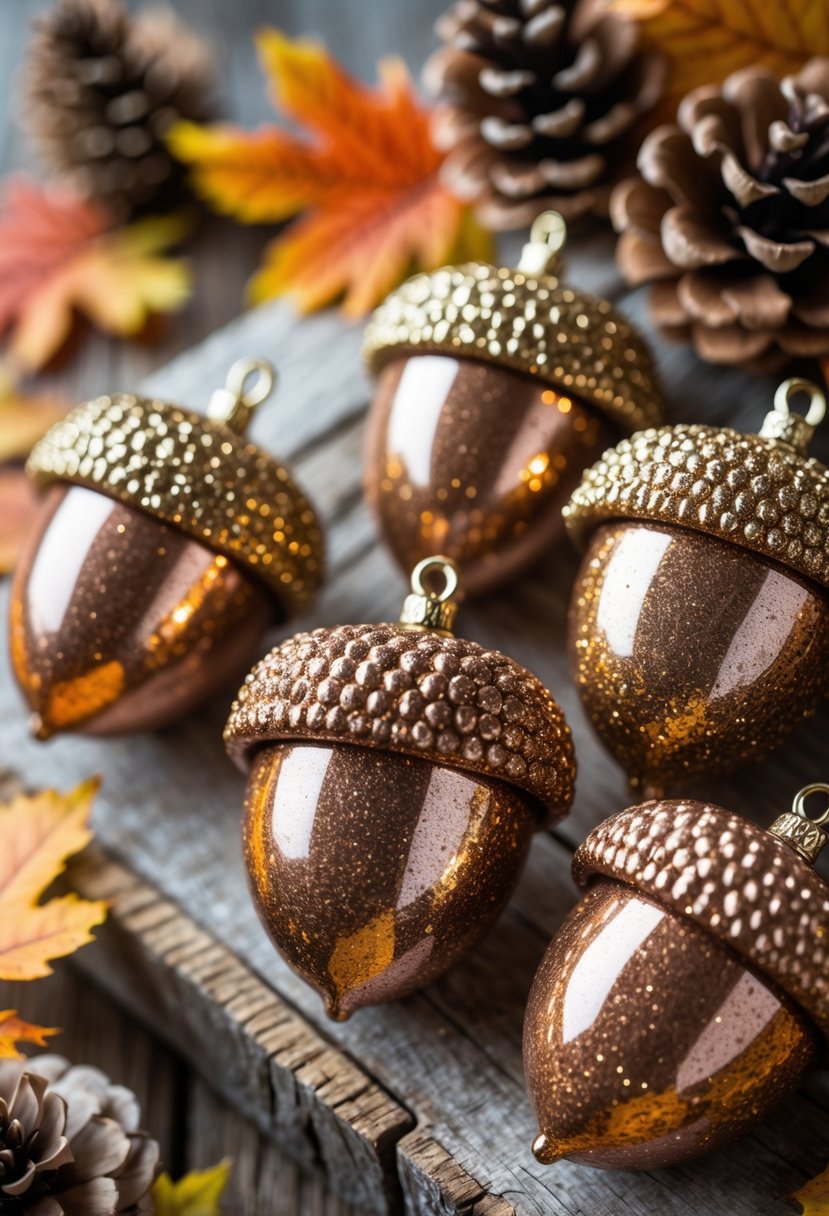 Close-up of glittered acorn ornaments with autumn leaves and pinecones on a wooden surface.