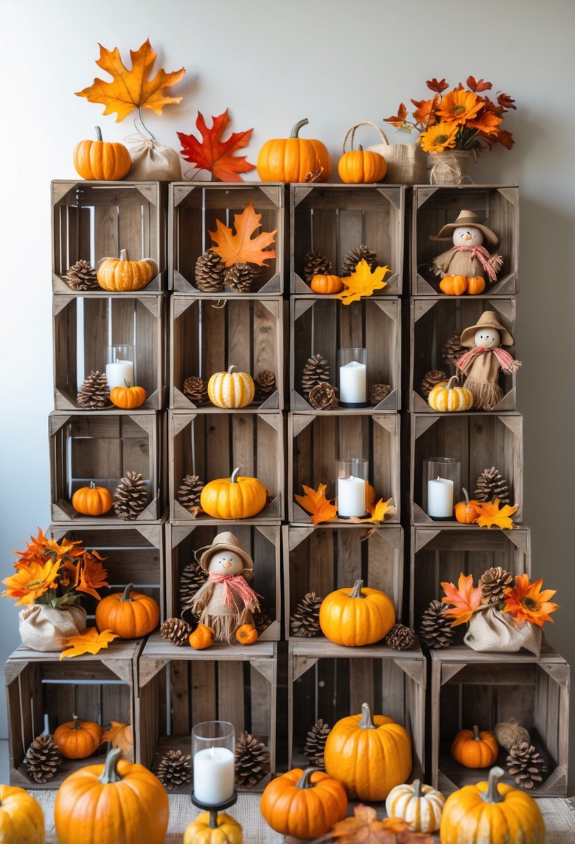Wooden crates arranged with various fall decorations including pumpkins, pinecones, autumn leaves, candles, and sunflowers.