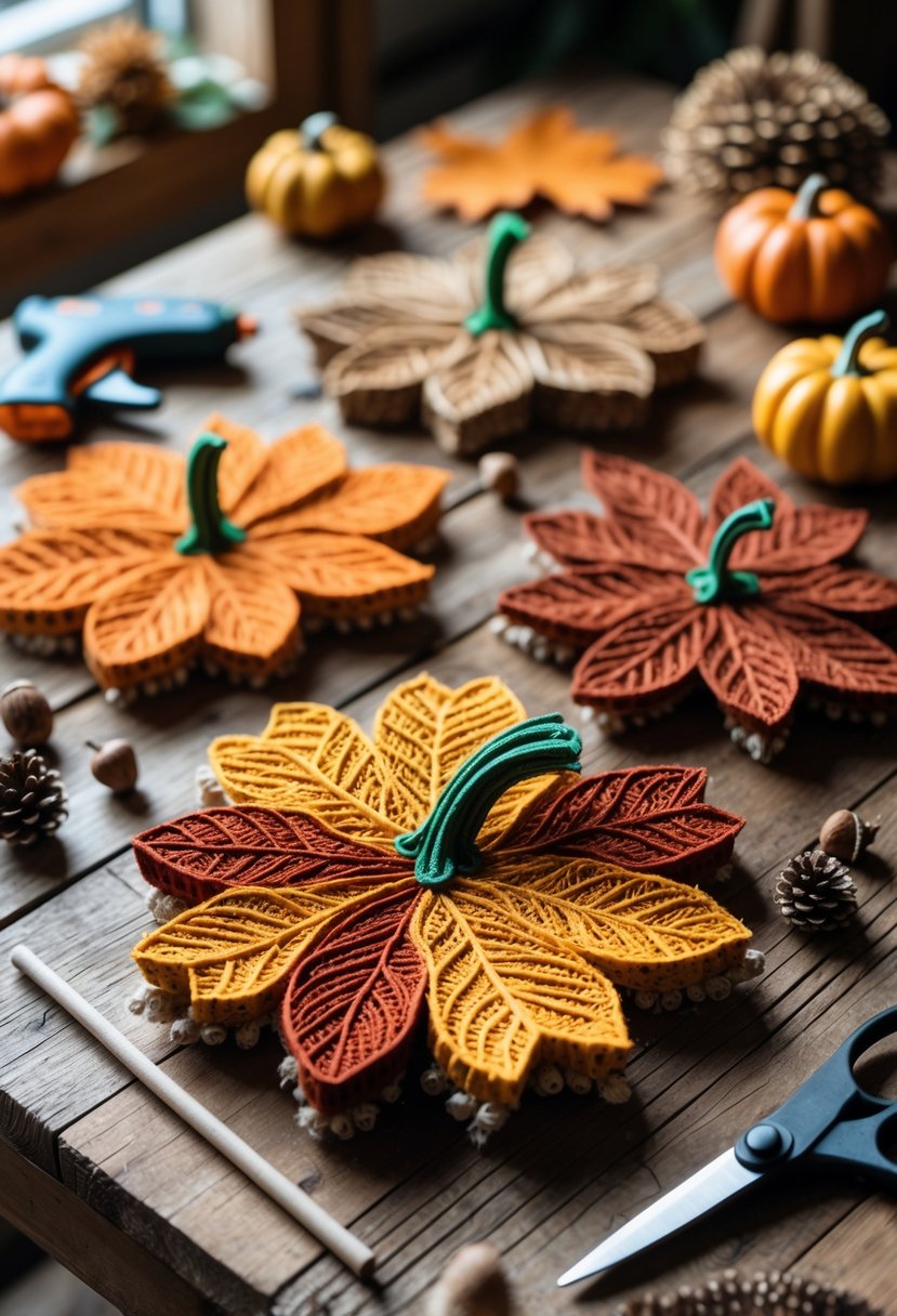 A table displaying pumpkin and leaf-shaped mats with crafting tools and autumn decorations.