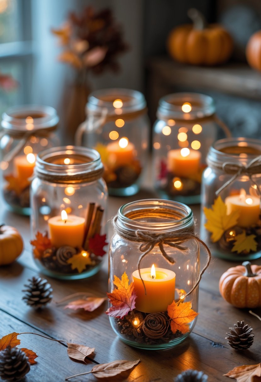 A cozy indoor scene with glass spice jars turned into glowing lanterns surrounded by autumn leaves, small pumpkins, and cinnamon sticks on a wooden table.