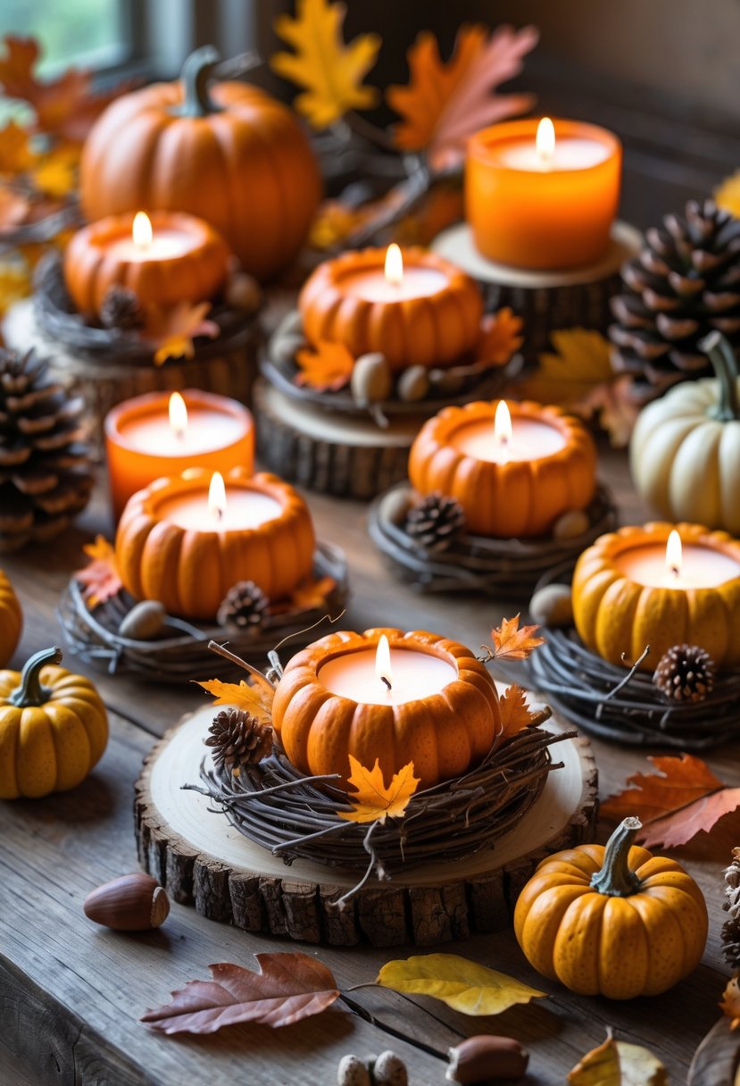 A table with pumpkin-shaped candle rings surrounded by pinecones, cinnamon sticks, and autumn decorations.