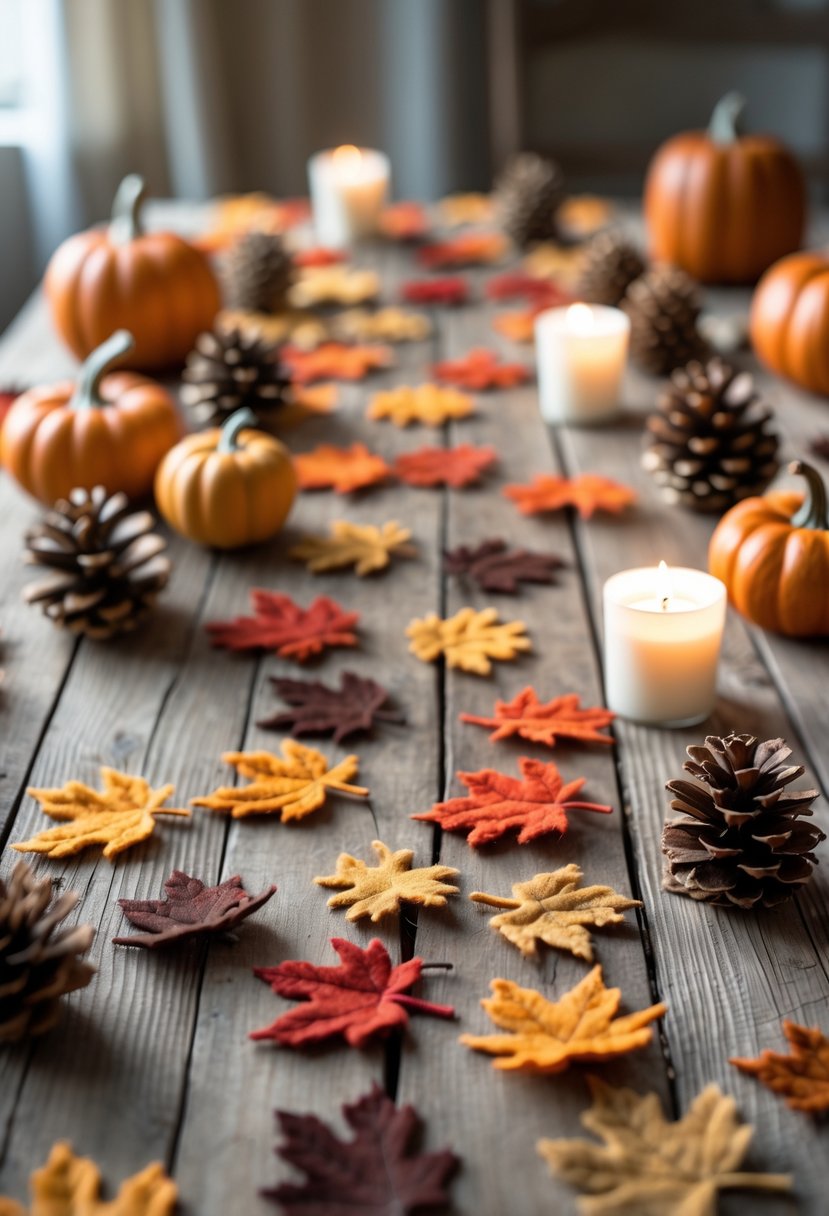 A wooden table decorated with colorful felt leaves, small pumpkins, pinecones, and candles arranged for fall.